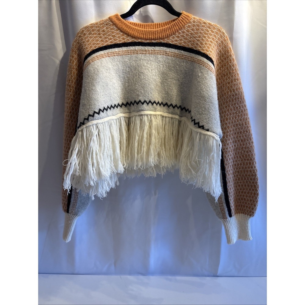 Cider Fringe Patchy Geometric Relaxed Fit Sweater S‎ Boho Western